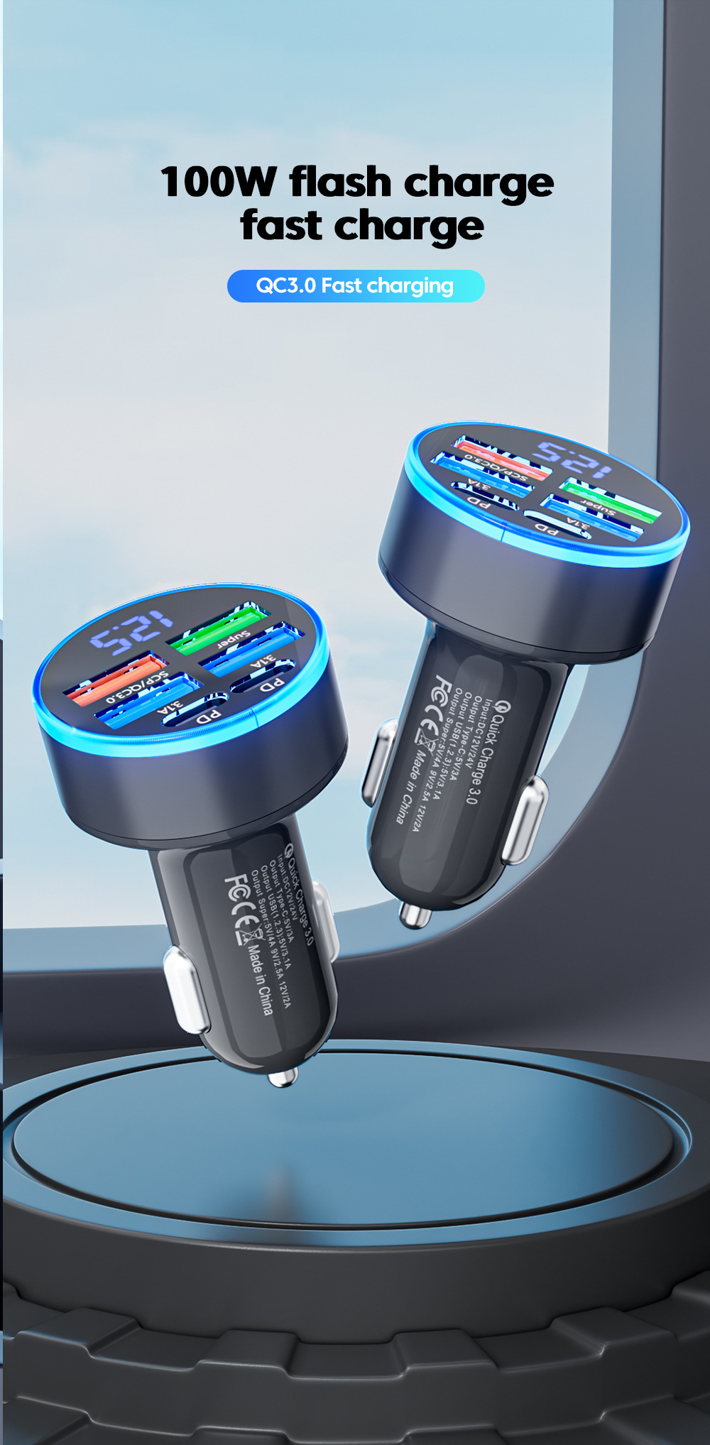 Multi-port with digital display support super fast charging 6/8 port with voltage vehicle-mounted one-to-six/8-car fast charging cross-border