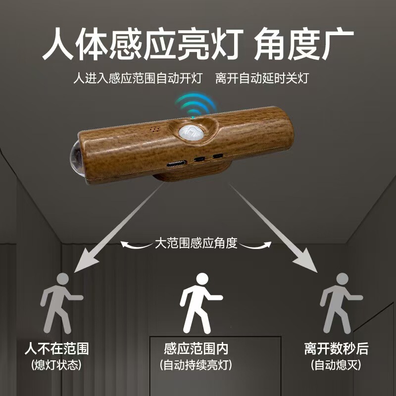 国境を越えた新型スマート人体感知丘陵ライト、スポットライト付き、磁気吸着充電式木目調猫目ナイトライト|undefined