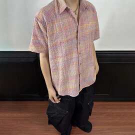 小丑粉色泡泡纱格子复古衬衫潮牌美式高街2025夏季新款ins衬衣男