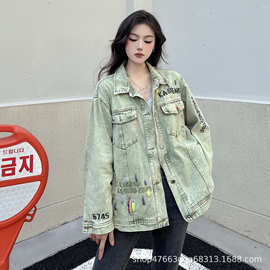 美式复古绿色刺绣牛仔外套女国潮2025春装新款hiphop高街夹克上衣