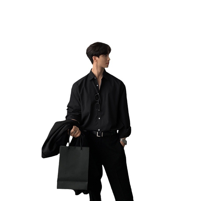 黒の肩パッドシャツ男性高級感ナポリシャツ禁欲系男性服男性カジュアルコート|undefined