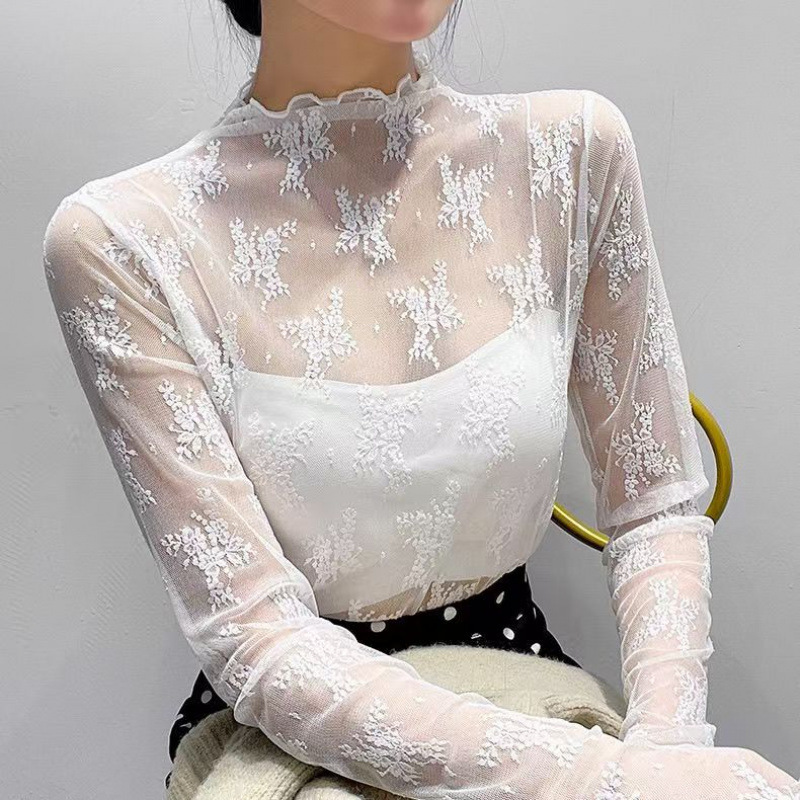 White Lace Base Shirt Women's Long Sleeve Inner Mesh Fairy Top Spring and Autumn Super Fairy Western Style Transparent Hollow
