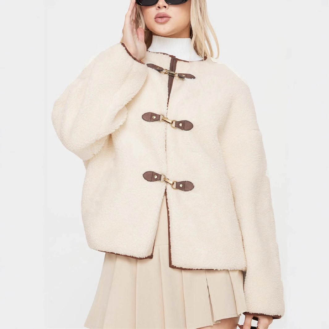 Women's Clothing autumn and winter thick plush leather button round neck long sleeve short style fashionable temperament coat_voghion.com