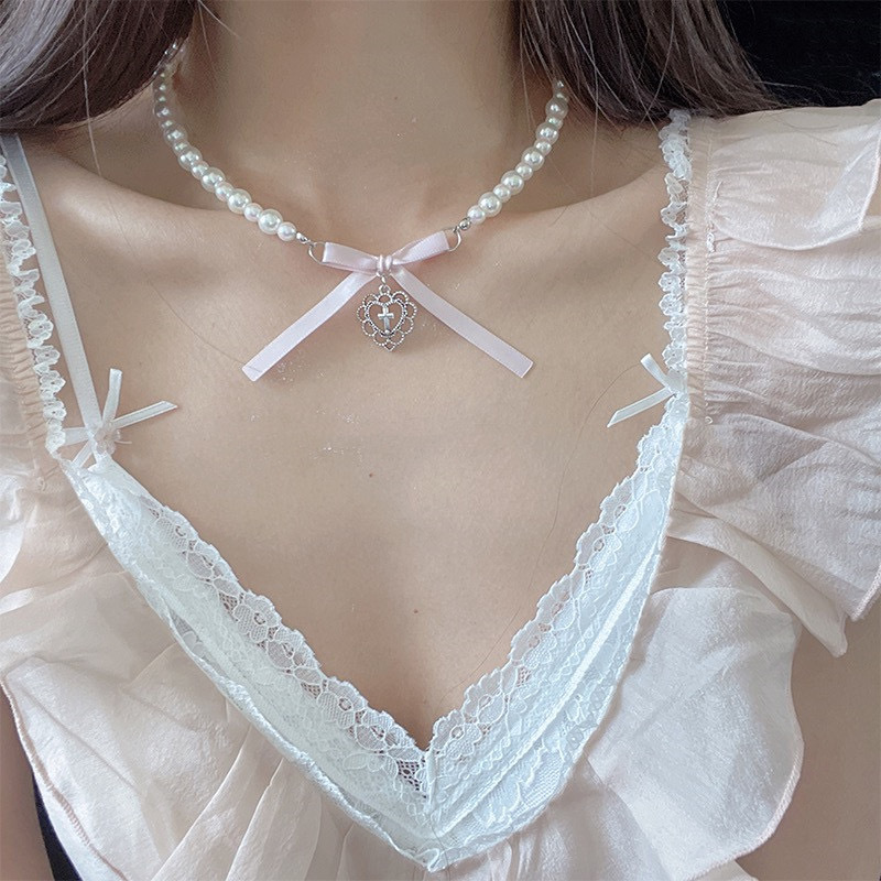 Pink Bow Heart Choker Necklace With Pearl Embellishment_voghion.com