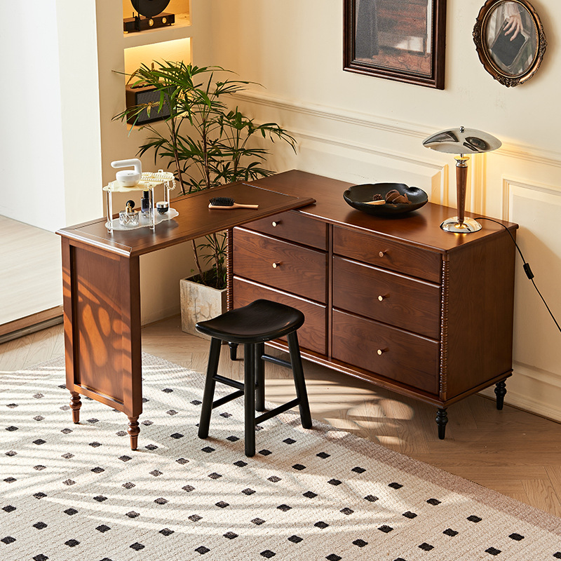 French Retro Solid Wood Cupboard Dressing Table, Antique Style Home Bedside Retractable Multi-Functional Storage Makeup Table