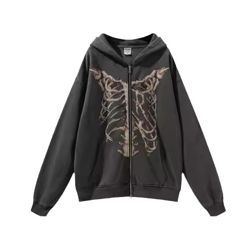Y2K Ceket İskelet Kapüşonlu 90'lar Desenli Baskılı Fermuarlı Üst Kız Sweatshirt_voghion.com