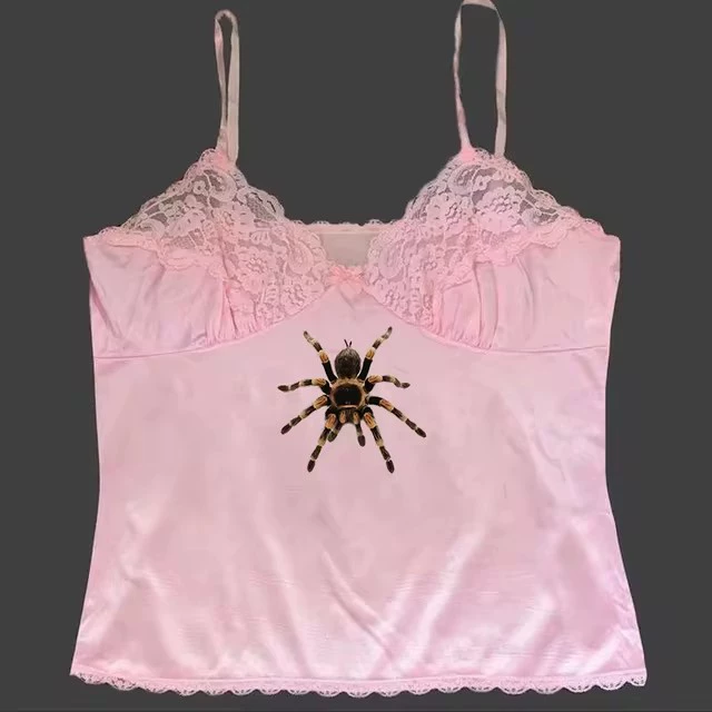 Lace-trim fitted camisole, cute print American style, multiple colors S–L