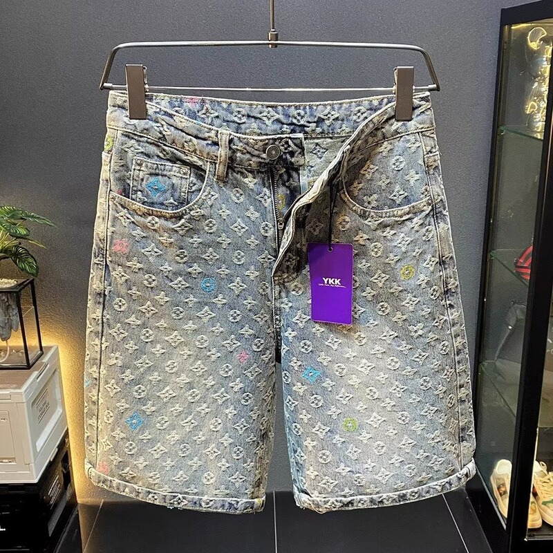Light Luxury High-End Denim Shorts for Men, Trendy Brand, New Summer Style, Jacquard Craftsmanship, High Street Fashion, Loose-Fitting Five-Point Shorts for Men