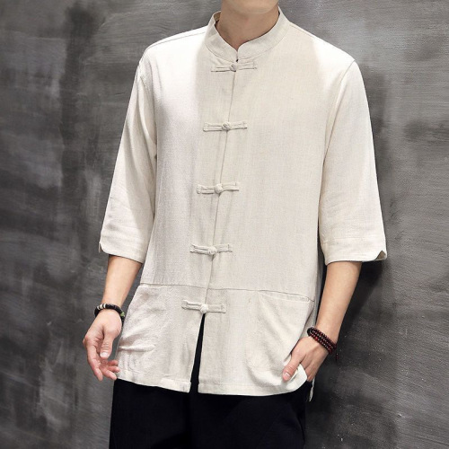 Chinese-style linen five-button sleeve shirt for men, large size, retro style, Chinese Tang suit cotton linen short sleeve