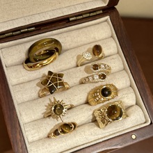 中古风虎眼石不规则开口戒指复古轻奢高级感食指戒时尚气质手饰女