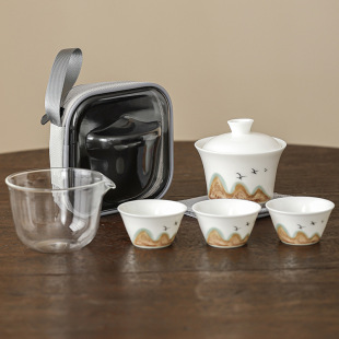 Guochao Wenchuang Qianli Jiangshan Travel Tea Set suit Portable Outdoor Express Cup Camping Tour One Pot Three Cups
