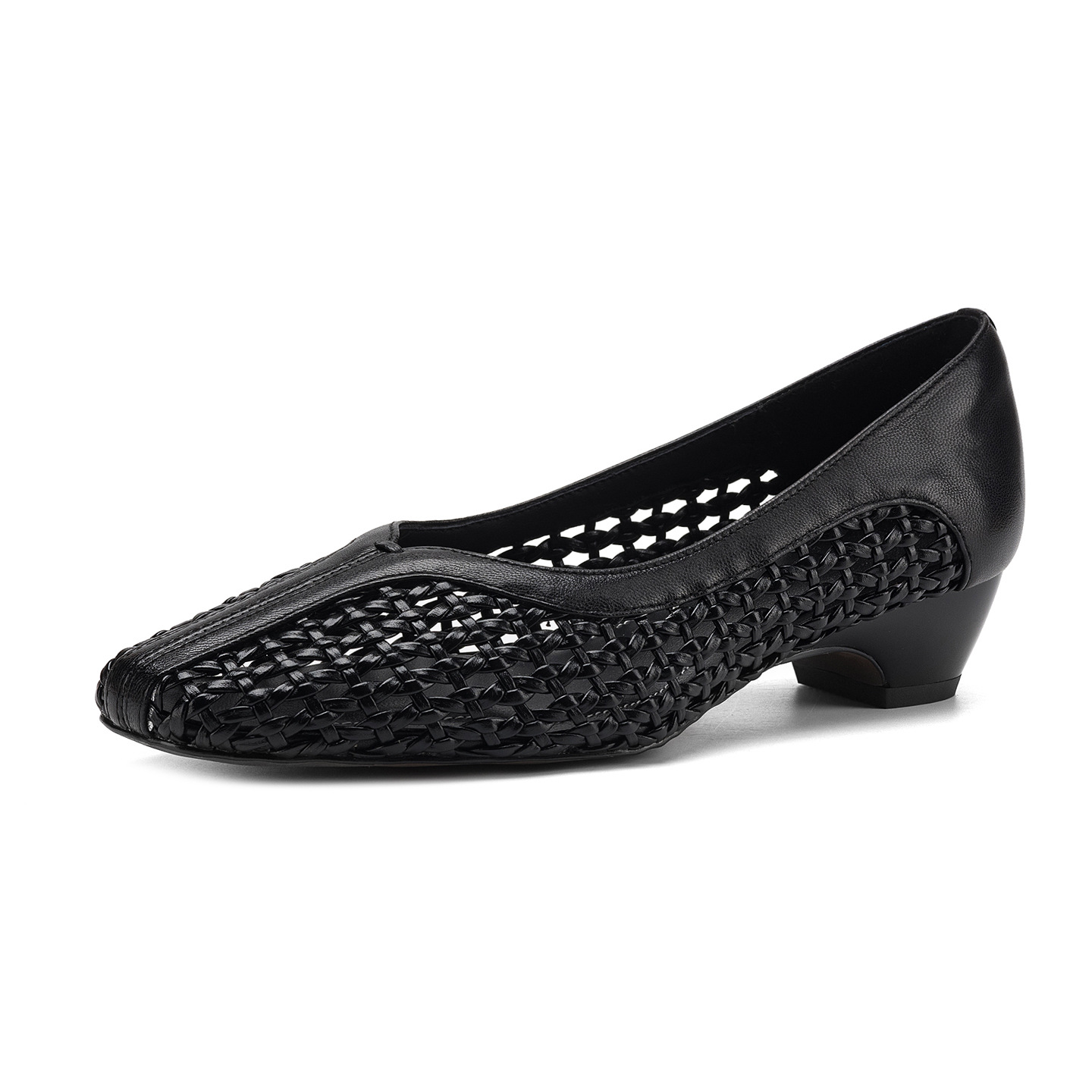 Giày sandal nữ mũi vuông gót thấp 3 cm da cừu hở bên — đen chi tiết 26