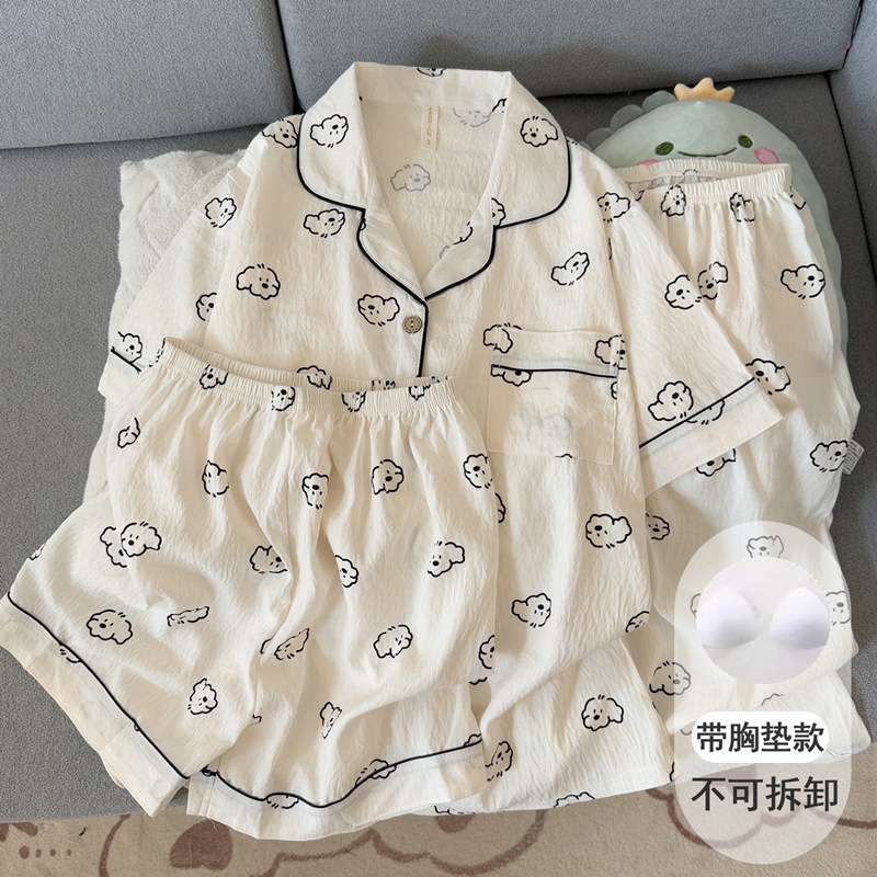 Cute Puppy Cloud Pure Cotton Gauze Pajamas with Chest Pads for Women, Summer Short-Sleeved Student Girl Three-Piece Home Wear Set Cute Puppy Cloud Pure Cotton Gauze Pajamas with Chest Pads for Women, Summer Short-Sleeved Student Girl Three-Piece Home Wear Set