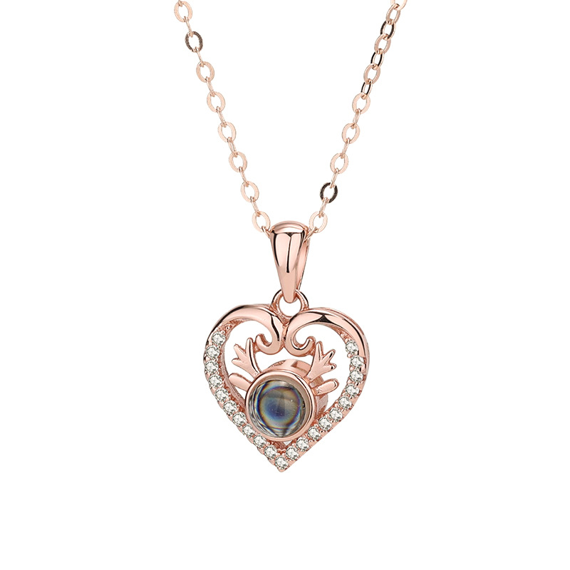 S925 plata un ciervo te tienen 100 idiomas te amo collar de proyección amor femenino en forma de corazón diamante incrustado corbata joyería