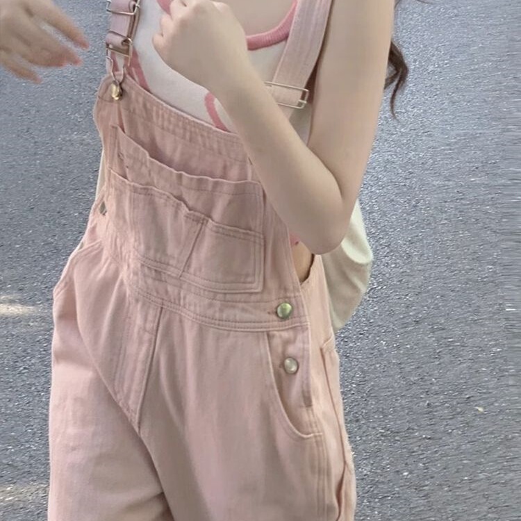 Pink Denim Overalls for Women, Summer New Style, Petite Loose Fit, Vintage Casual Straight-Leg Workwear, Light-Colored Jumpsuit Pink Denim Overalls for Women, Summer New Style, Petite Loose Fit, Vintage Casual Straight-Leg Workwear, Light-Colored Jumpsuit