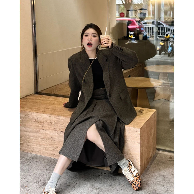 复古风气质高级感宽松西装外套开衩半身裙女冬文艺感韩系别致套装|undefined