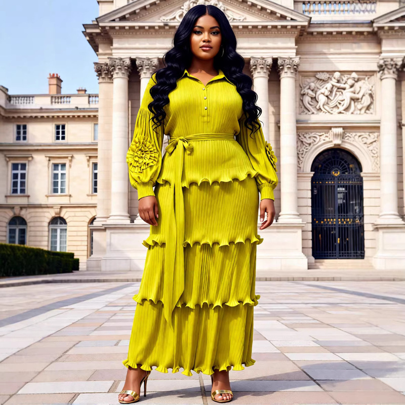 Miyake European and American Cross-Border Plus-Size Dress with Fashionable Ruffled Edges, Elegant Women's Pressed-Pleated Dress Miyake European and American Cross-Border Plus-Size Dress with Fashionable Ruffled Edges, Elegant Women's Pressed-Pleated Dress