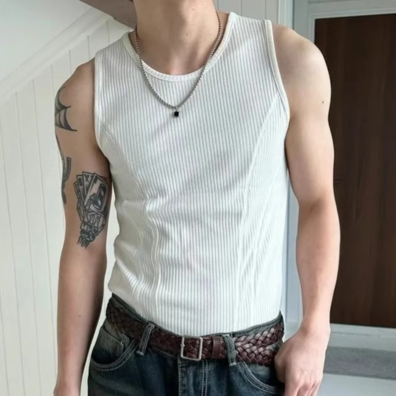American Style Heavy Cotton Threaded Vest Muscle Men's Tight Elastic Sleeveless T-shirt Open Line Stitching Base Waistcoat