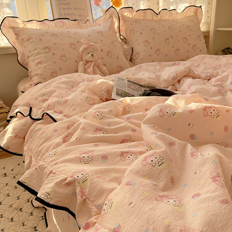 Pequeña cama de edredón de verano de hilo de doble capa fresca de cuatro piezas de ropa de cama de verano funda de edredón de encaje funda de cama de algodón lavado