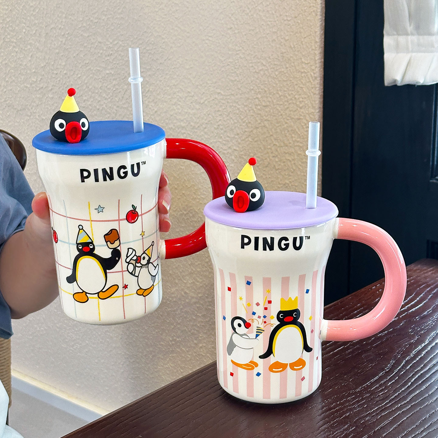 Tao Dian Pingu familia de pingüinos de dibujos animados lindos tazas de paja para parejas en el hogar tazas de agua de gran capacidad