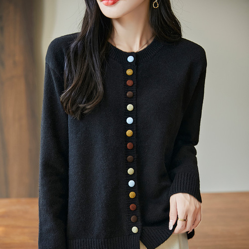 Wholesale Colorful Button Crewneck Cardigan Autumn/Winter New Style Literary Loose Women's Chanel Inspired Knit Top
