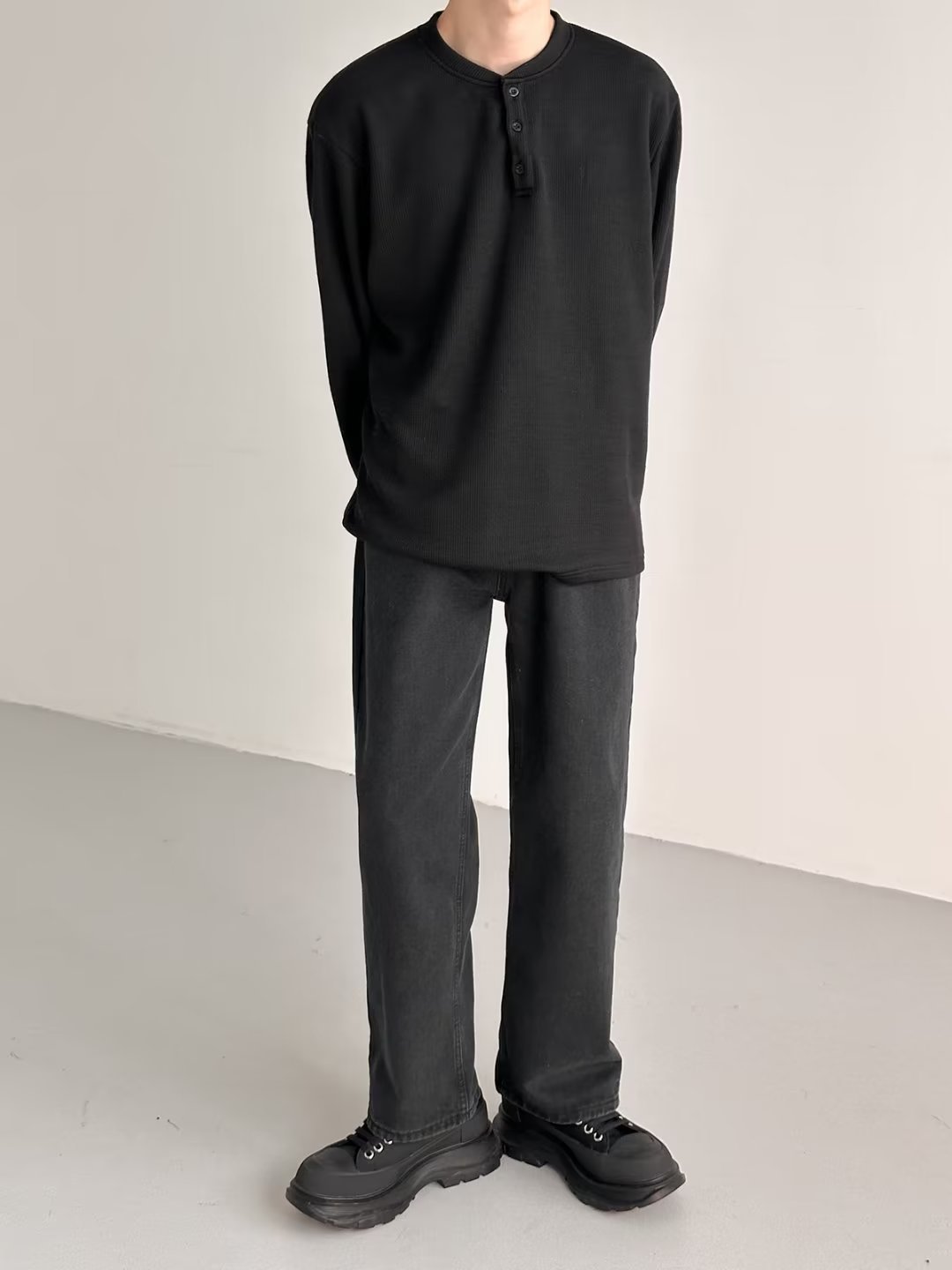 Herrenbekleidung Langarm-T-Shirt, Waffelstrick-Henley-Langarm-T-Shirt für Herren - Strukturierter, lässiger Arbeitspullover mit Knopfleiste_voghion.com