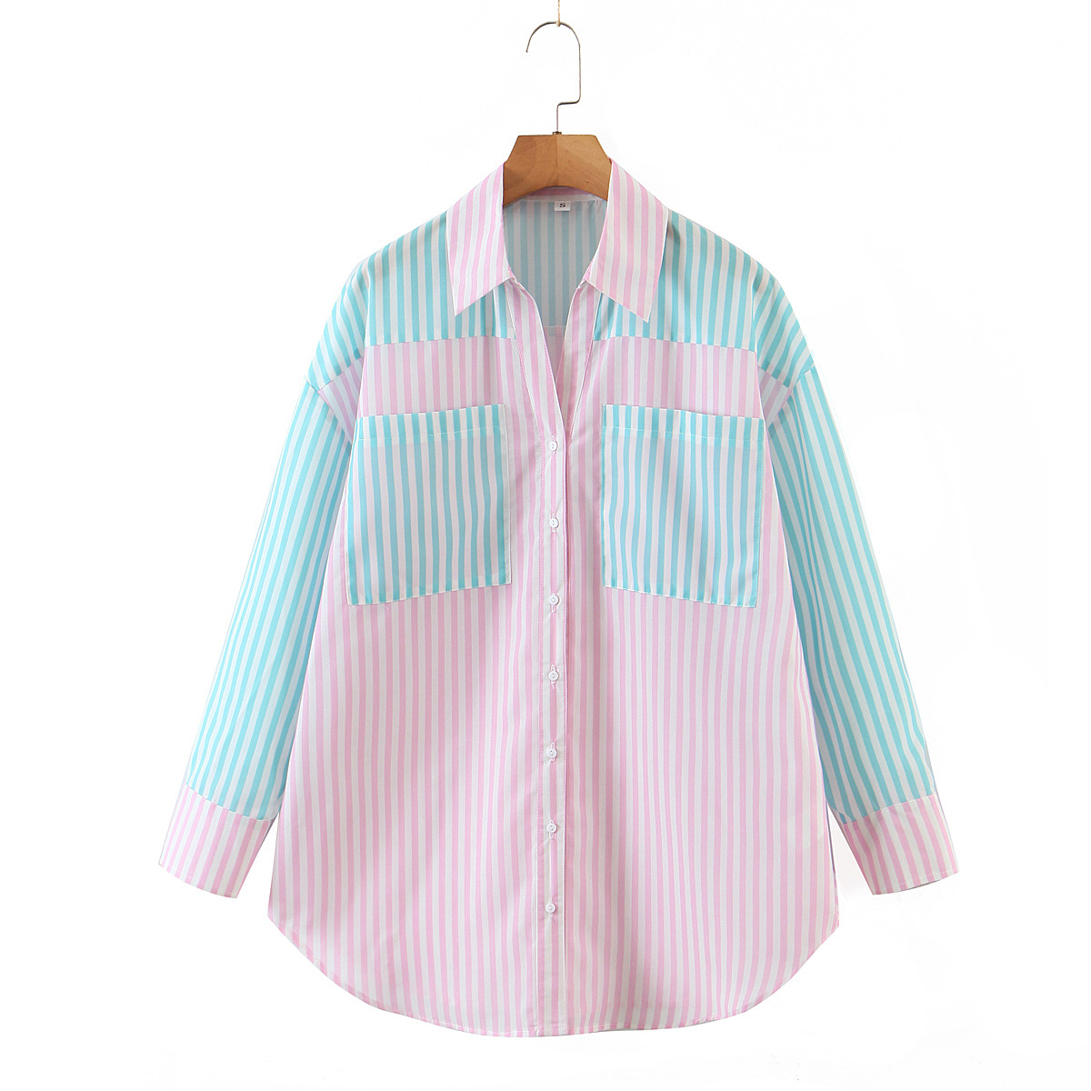 long sleeve striped printed color stitching shirt NSLQS128907