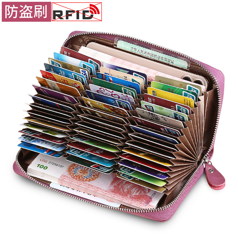 Geruola Leather Factory Tarjetas Bolso de almacenamiento de tarjetas bancarias de cuero de gran capacidad de 45 posiciones para mujer Bolso de almacenamiento con cremallera para el hogar