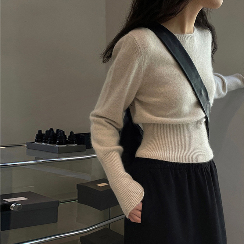 Gray Raccoon Velvet Right Shoulder Knitwear for Women in Autumn and Winter Slim Waist Short Wool Inner Layering Shirt Top Gray Raccoon Velvet Right Shoulder Knitwear for Women in Autumn and Winter Slim Waist Short Wool Inner Layering Shirt Top