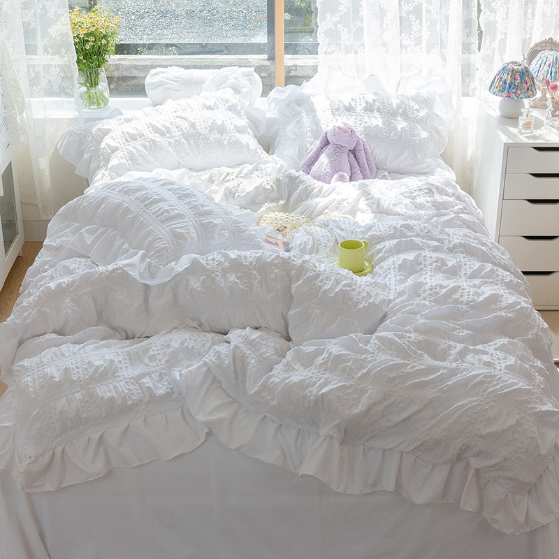 跨境夏季韩式华夫格泡泡纱花边四件套纯色床单被套宿舍三件套批发
