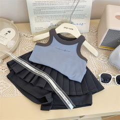 韓版童裝2024新款夏季女童拼色背心上衣兒童洋氣百褶裙裙褲兩件套