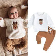 欧美婴幼童套装秋冬圣诞节男童鹿头绣花卫衣卫裤两件套休闲运动