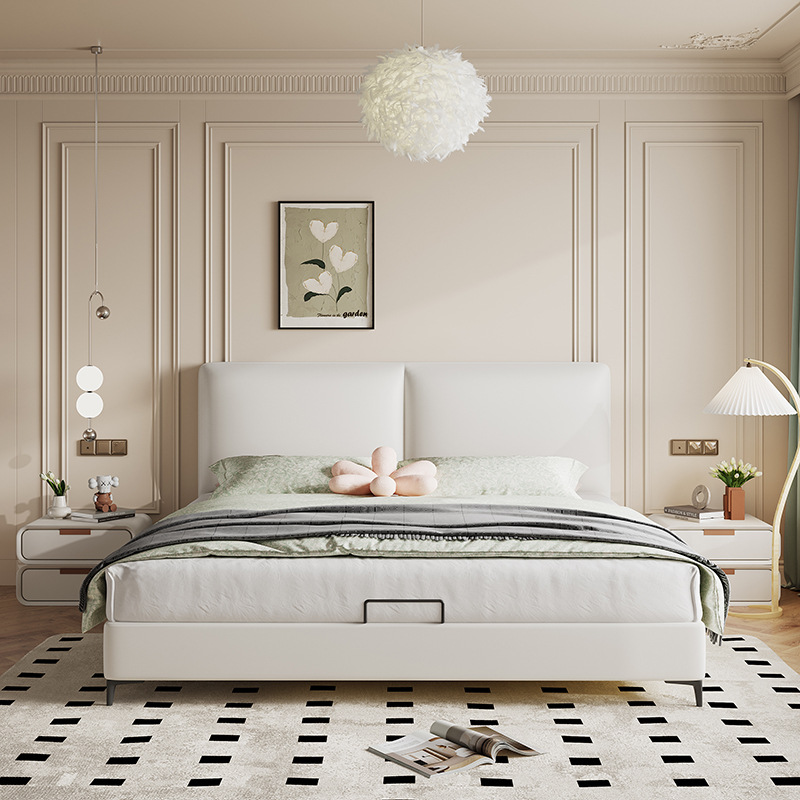 Cama con almacenamiento color crema, cama doble, 1.8 metros, dormitorio principal, estilo nórdico, cama con presión de aire, apartamento pequeño, cama con panel de almacenamiento con presión de aire. image 5