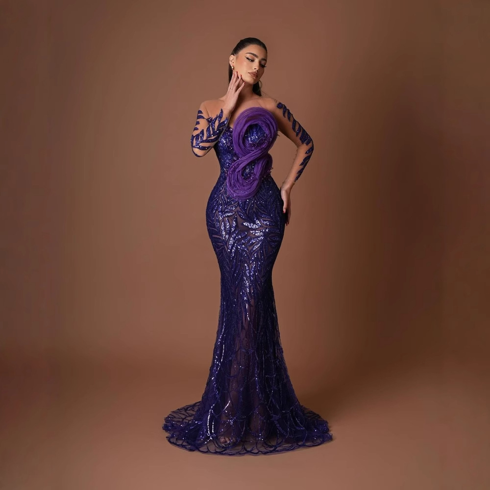 fashionable design purple long evening dress with a round collar