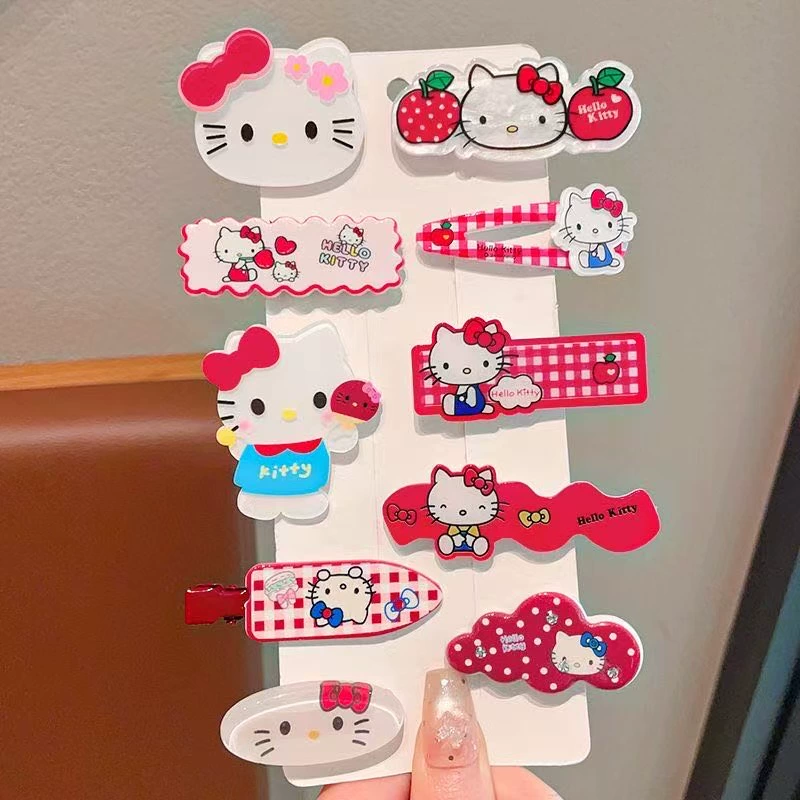 Набор аксессуаров для волос (Hello Kitty) — 10 штук милых японских мультяшных заколок, шпильки и резинки, розовый