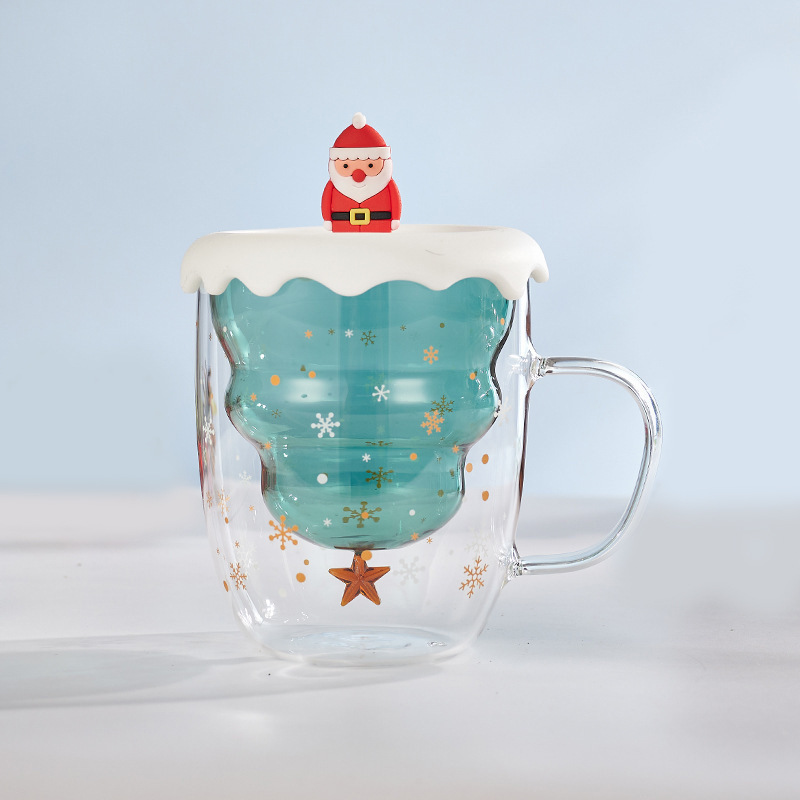 Copa de Navidad de vidrio Taza Linda Taza de regalo de Año Nuevo creativo Taza taza de bebida doméstica de doble capa con tapa