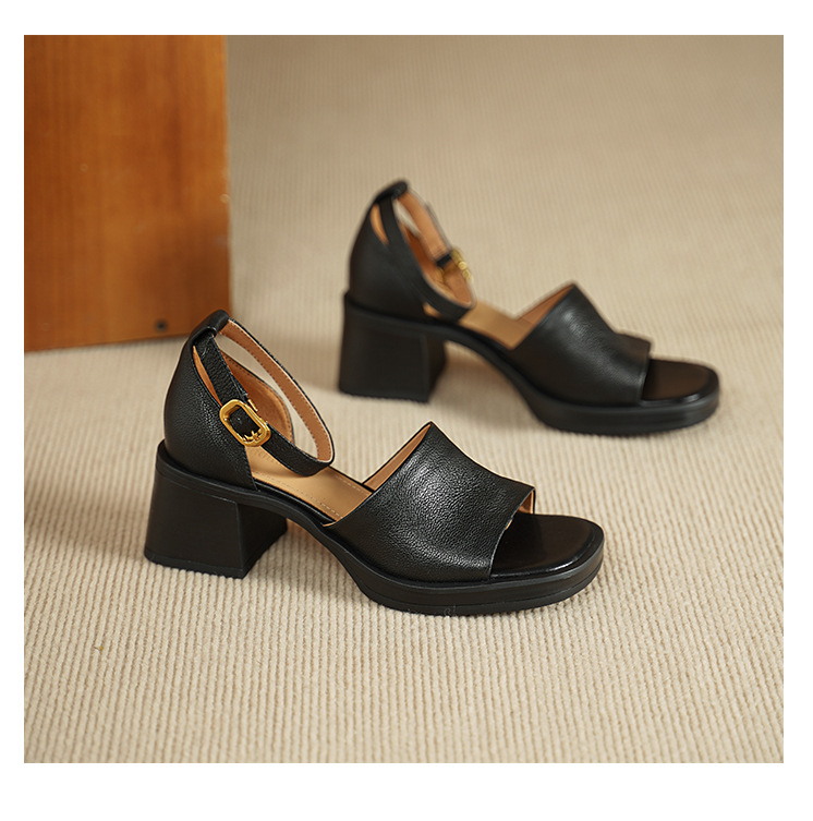 Sandal cao gót nữ hở mũi quai ngang khóa, da dê cao cấp, gót vuông ổn định — đen chi tiết 11