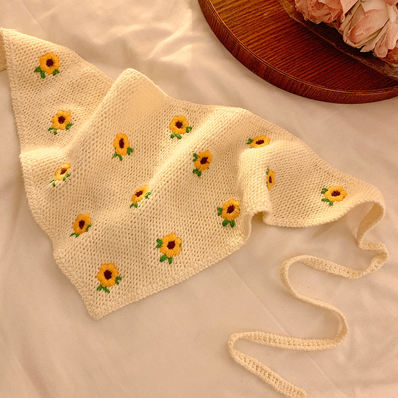 La atmósfera de la playa de flores triangulares de punto turbante de mujer estilo retró pastoral francés correa de pelo para tomar fotos