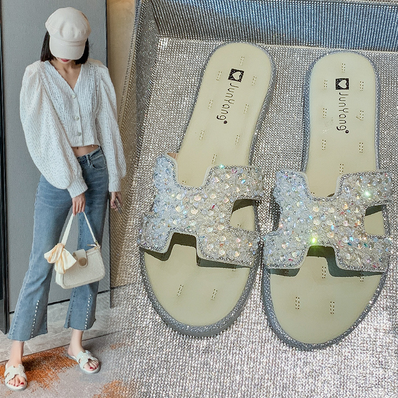 Sandali stile fata donna 2023 estate nuova moda capispalla classico strass casual scarpe da spiaggia piatte una parola per conto di_voghion.com