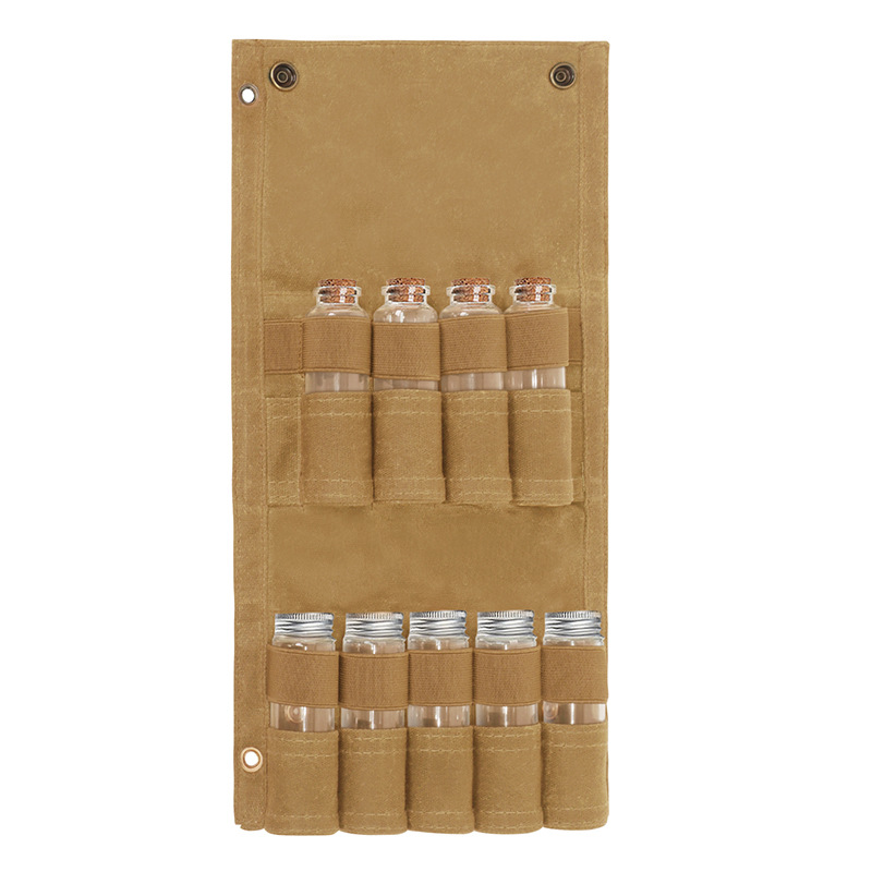 Outdoor-Camping-Flaschenset mit 9 Glasflaschen, faltbarem Gewürzbeutel, Canvas-Tasche (Großhandel)_voghion.com