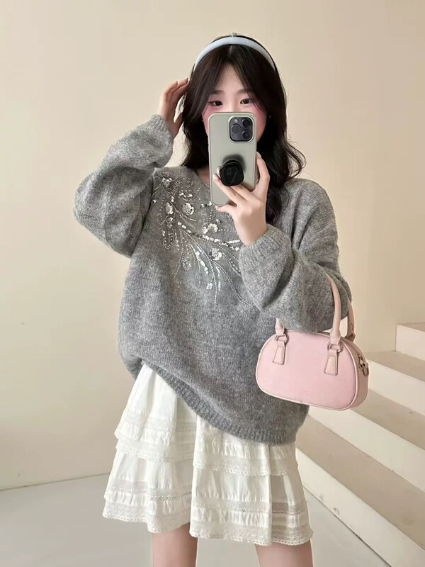 重工钉珠亮片套头毛衣女2025秋冬新款韩系宽松百搭圆领针织衫上衣|undefined