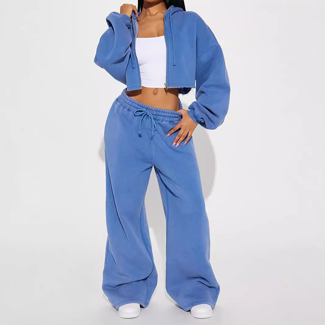 Women's Clothing autumn women's casual hooded front zipper sweater wide leg loose trousers suit_voghion.com