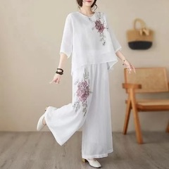 【工場直販】綿麻レトロ刺繍スーツレディース夏プルオーバー半袖軽量ワイドレッグパンツ痩身トップ