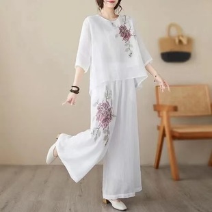 [Factory Direct Sale] Cotton and Linen Retro Embroider Suit Women's Summer Pullover Short-Sleeved Light Wide-Leg Pants Slimming Look Top