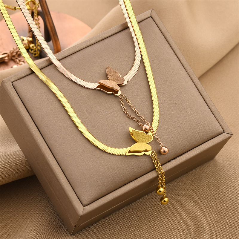 20g Weight Real Gold Plated Plating Material Necklace Classification 1 Piece Quantity Real Gold Plated Tassel Butterfly 304 Stainless Steel Retro Waterproof Non Tarnish Necklace