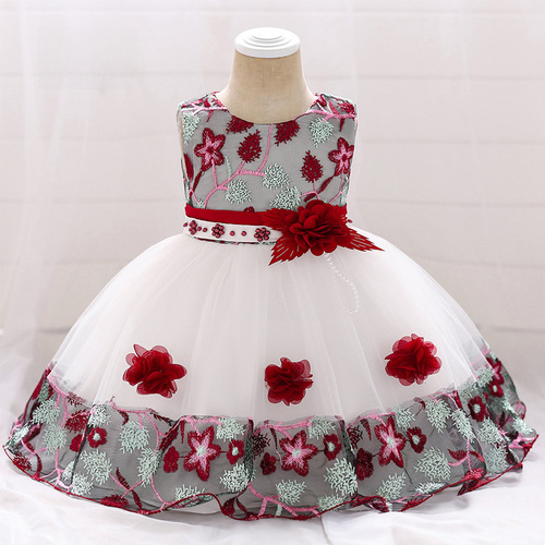 Ebay Amazon Baby Children Embroidered Dress Baby Lace Colorful Flower Princess Dress Wedding Train Dress