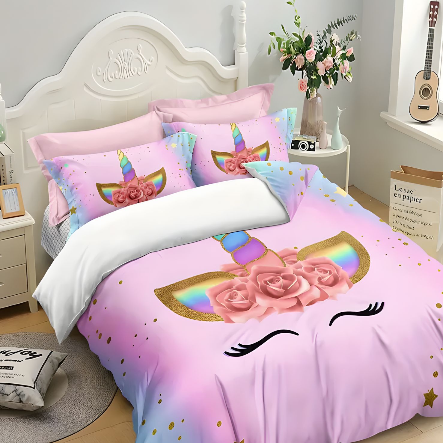 TEMU / JIT Sweet Child Heart Unicorn Princess Colchón Colchón Kit de ropa de cama para dibujar