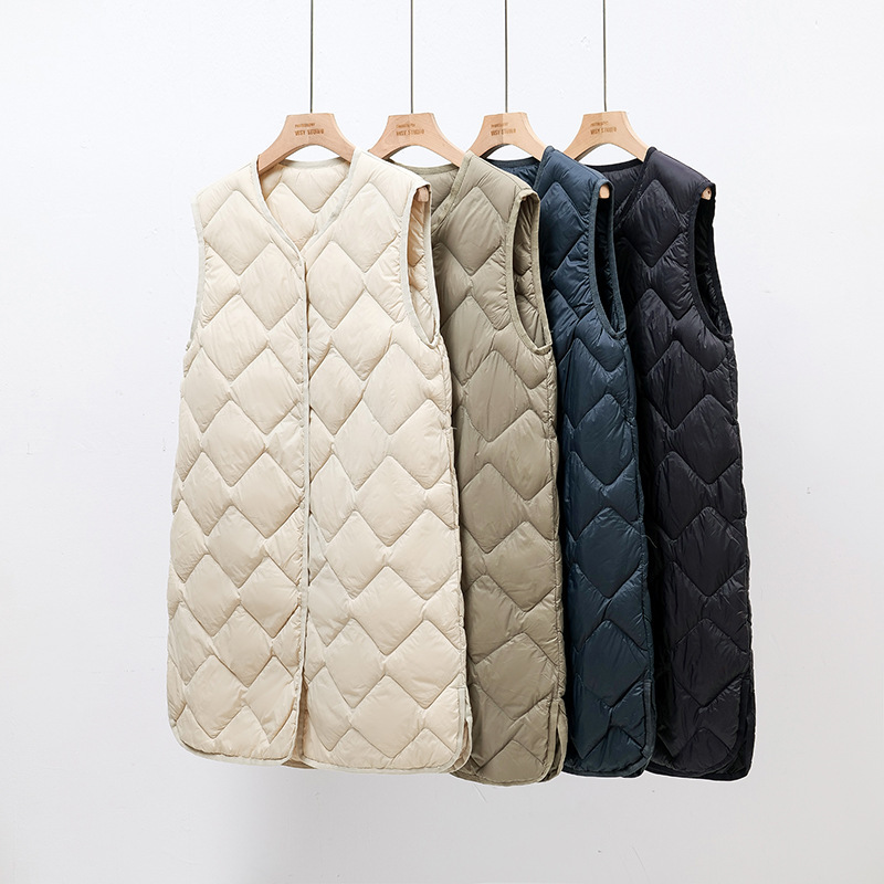 Mid-Length down Vest for Women, Collarless down Vest with V-Neck, Diamond-Shaped Pattern, Lightweight and Ultra-Thin Style Mid-Length down Vest for Women, Collarless down Vest with V-Neck, Diamond-Shaped Pattern, Lightweight and Ultra-Thin Style