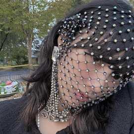 跨境亚马逊网格渔网亮钻面罩闪光弹力个性镂空潮流户外脸罩mask