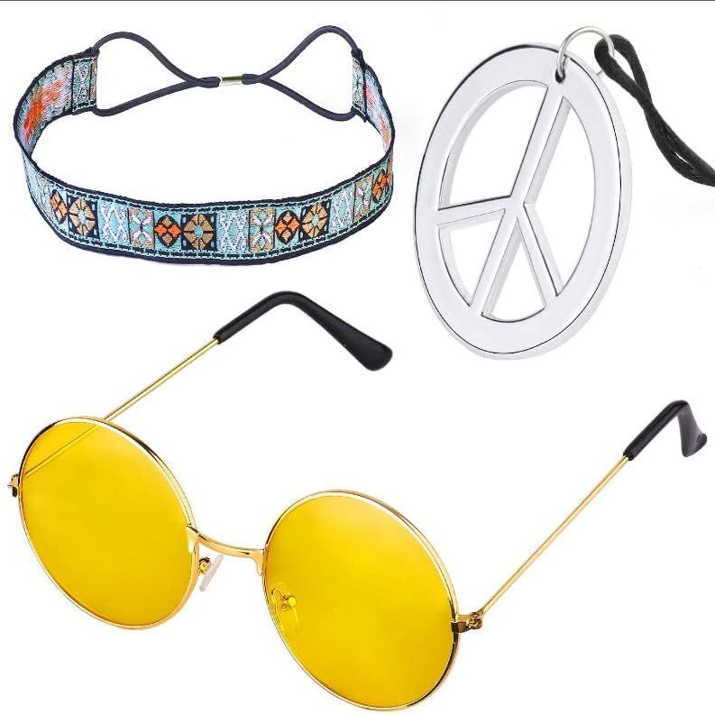 Accesorios de vestir hippies de la década de 1960, diadema de girasol, gafas redondas, conjunto de aretes de collar de talismán de paz